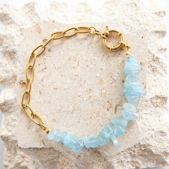 BUNDLE GENUINE AQUAMARINE Stud Earrings & Aquamarine Bracelet non-tarnish Gold - Picture 7 of 15